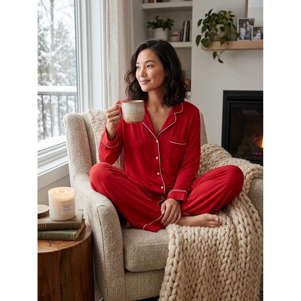 Victorias Secret Red Modal Long Sleeve Pajama Set Size Large Button Down Piping